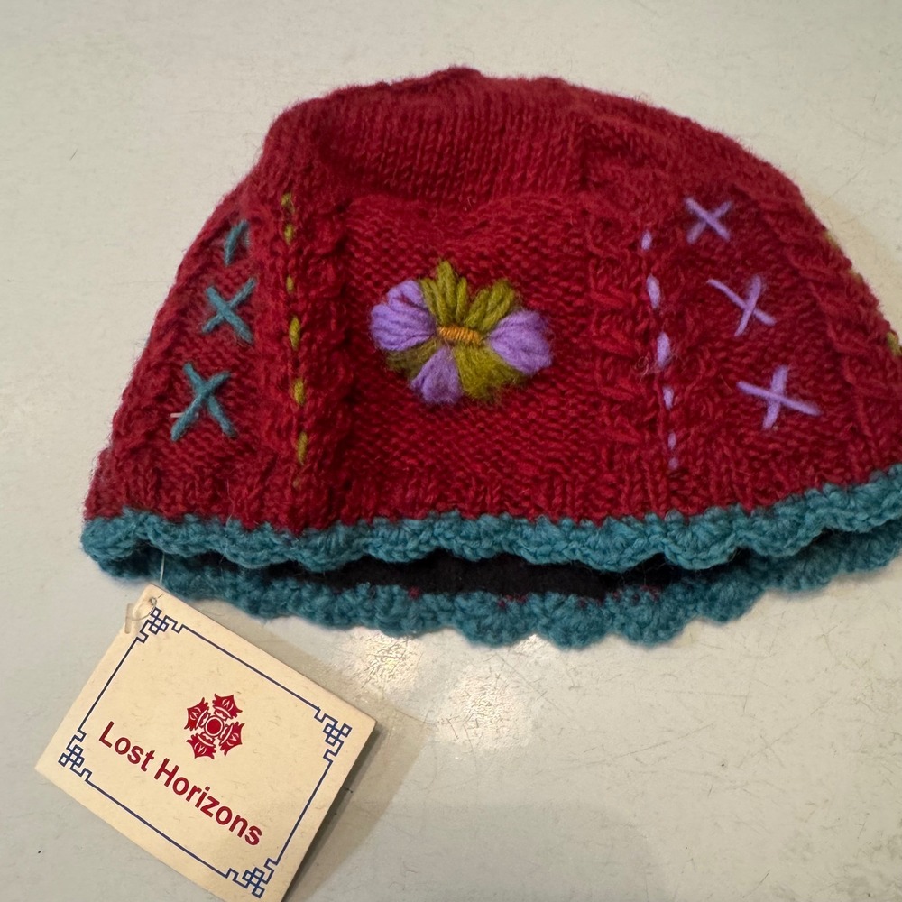 Lost Horizons Beanie Hat Womens One Size Red Wool Floral Embroidered Nepal Boho